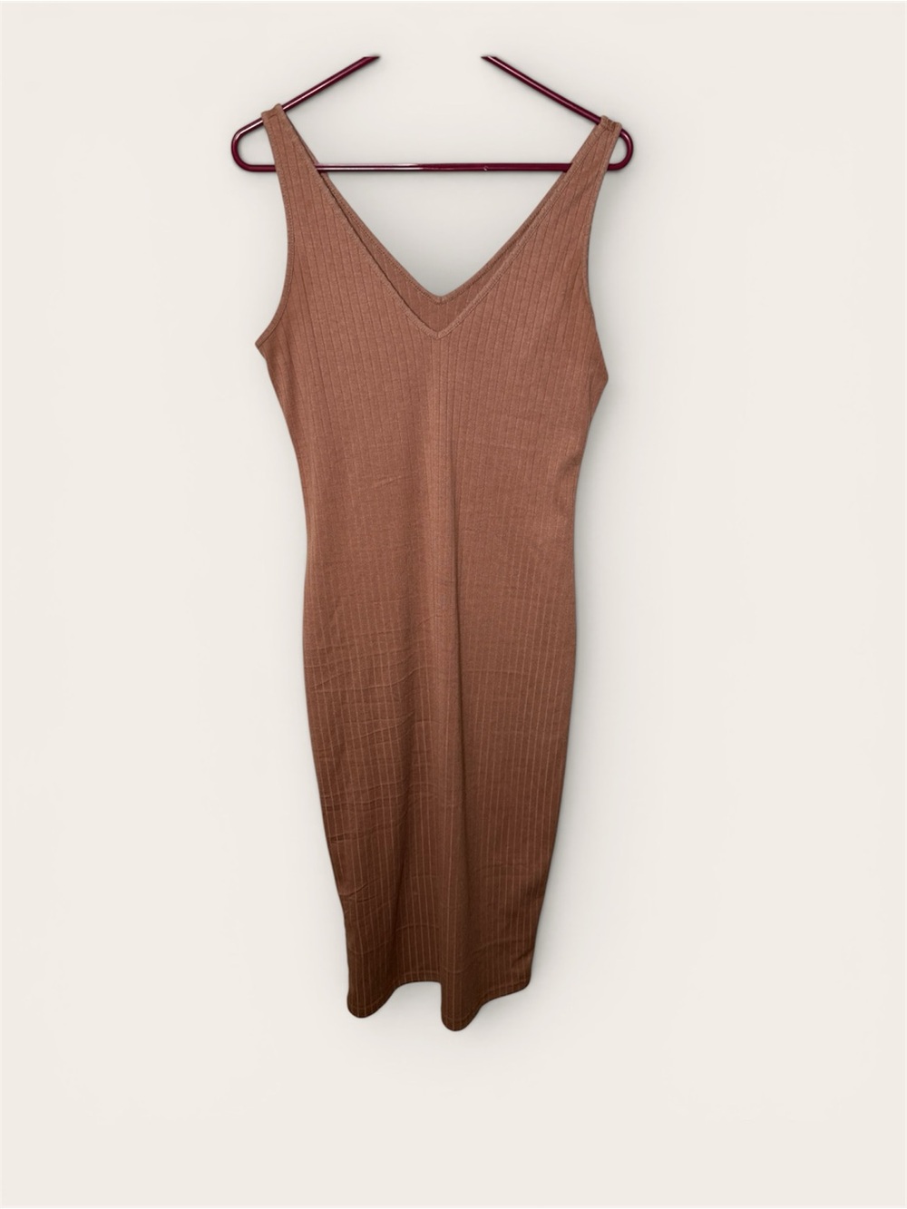 SHEIN Ribbed V-Neck Sleeveless Midi Dress in Brown